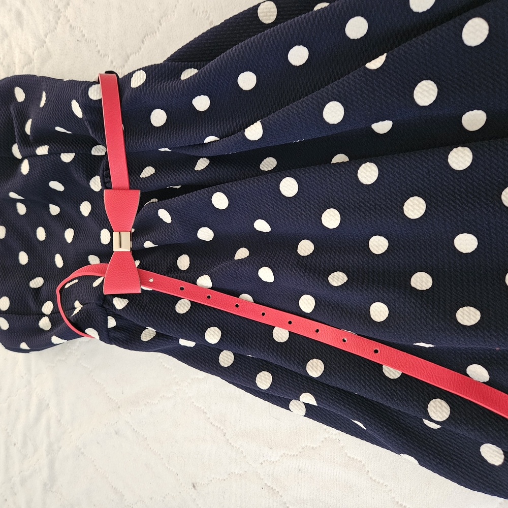 Navy Polka Dot Dress with Red Belt